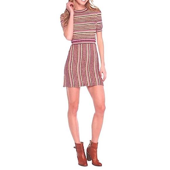 Free People Retro Cool Knit Mini Dress Large 12 Slight Shimmer Crew Neck Pink - Picture 5 of 15